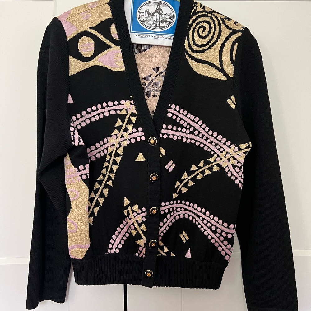St. John Black, Pink, and Tan Cardigan Sweater with Ornate Design